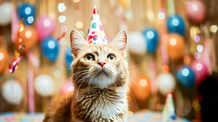 Cute tabby cat wearing a party hat and surrounded by colorful balloons confetti and other festive a birthday or special occasion with a joyful expression