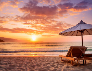 Umbrella and chair on the beautiful tropical beach and sea at sunset time for travel and vacation