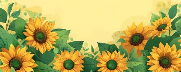 Beautiful yellow sunflower border with lush green leaves against a soft yellow background, perfect for a cheerful summer design.