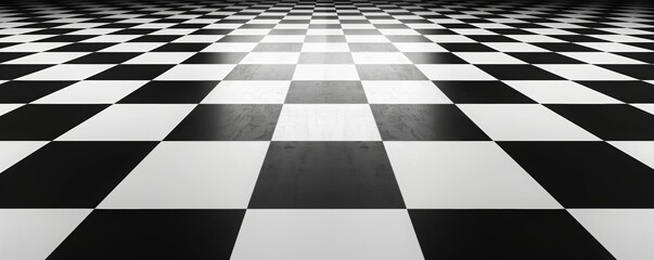Black and white checkered floor creating a sense of perspective and endless pattern, ideal for backgrounds and design concepts.