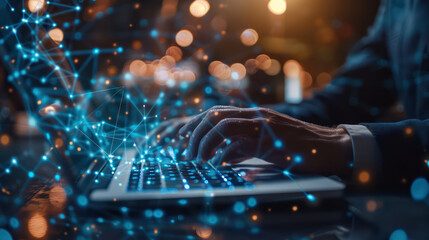 Businessman use laptop and synchronize data of business on computer device with global network, Data exchange, Information transfer, Technology concept for Ads, banner, presentations, flyers, posters