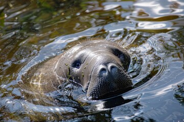 Obraz premium A adult Florida manatee vertical in the water taking a breath. Face mouth and eyes are visible.