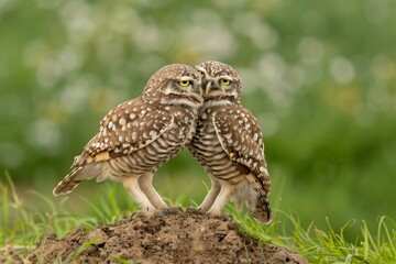 Fototapeta premium A burrowing owl grooms its mate while they stand on their nest burrow mound. Front view of one owl with face showing and side view of the other with grass in the background