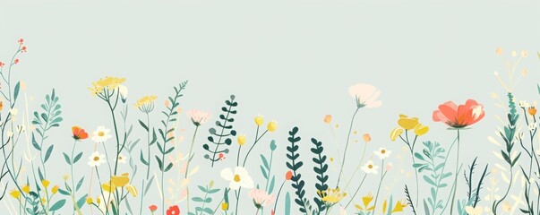 Delicate floral illustration with various flowers and plants, perfect for spring and nature-themed designs, with a light background.