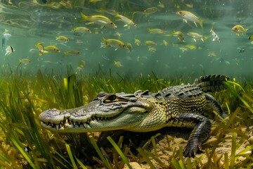 Obraz premium a crocodile sits on the bottom in the eel grass with school of fish above. teeth and tail are showing