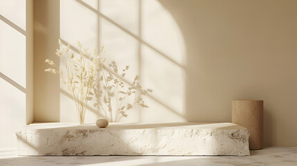 A tranquil minimalism, with its clean lines, uncluttered spaces, and soothing color palette, Conceptual of a light interior design with voluminous decorative textured objects, Empty podium