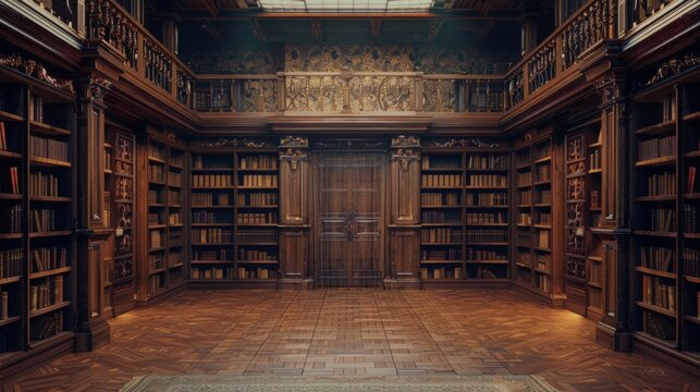 Elegant vintage library with wooden bookshelves filled with books, showcasing classic architecture and a tranquil reading environment.