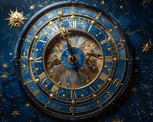 Obraz premium Celestial Zodiac Clock Showcasing Astrological Time Passage