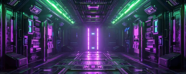 Futuristic Sci-Fi hallway with neon lights in green and purple, advanced technology, and a cyberpunk vibe.
