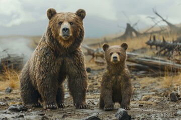 Obraz premium a mother bear and her cub stand at attention and look into the distance at danger