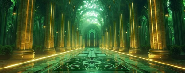 Obraz premium Majestic, illuminated hall with intricate architecture, green-hued lighting, and elegant pillars creating a mysterious and enchanting atmosphere.