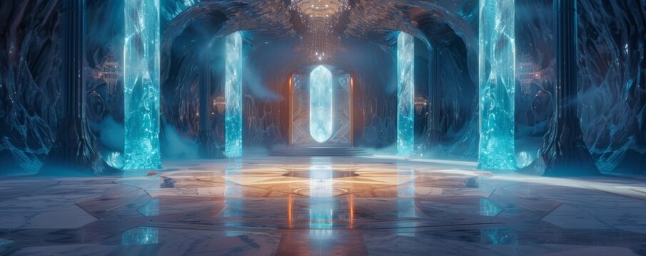 Majestic, ethereal ice palace interior with illuminated crystal columns, shimmering icy walls, and glowing central portal emanating light.