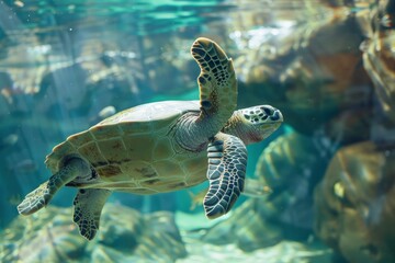 Fototapeta premium a sea turtle swims in the clear blue water over a sand bottom. side view facing right
