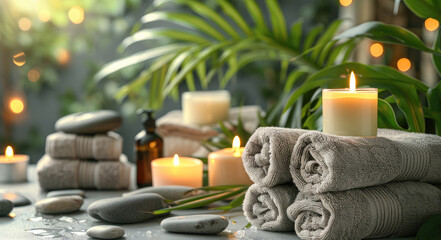 Spa background of folded towels in spa salon, luxury spa concept with candles, aroma oils and creams, massage stones and fresh green plants. Generative AI.