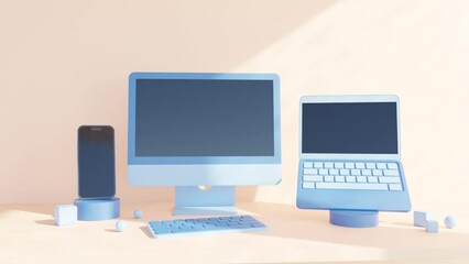 Abstract 3D Scene with Blue-Colored Phone, Laptop, and Monitor: Animation Background, Geometric Design, Modern Render