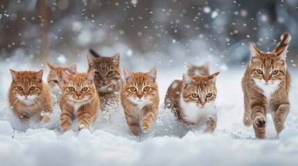 Homeless animals. In the snow season, group of homeless cats run in snow.