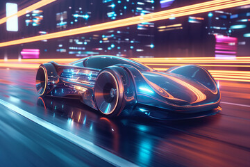 A futuristic sports car races through a neon-lit cityscape at night creating a dynamic and high-speed scene blending technology and motion