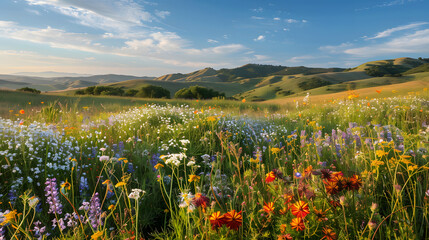 Fototapeta premium A breathtaking summer landscape featuring a rolling meadow filled with vibrant wildflowers. The scene is illuminated by the warm, golden light of the setting sun, casting long shadows and highlighting