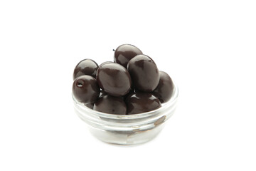 Bowl of pickled black olives isolated on white background, top view