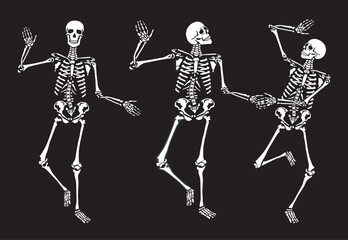 Lustige tanzende Skelette isoliert auf schwarzen  Hintergrund