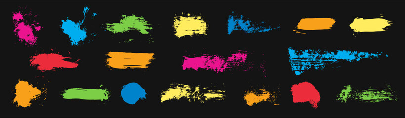 Fototapeta premium Hand-drawn vector childish paint swatches. Acrylic gouache dabs, daubs, brushstrokes, scribbles. Vibrant daycare kids scrawl textures. Rough bright color swoosh smudges. Isolated texture element set