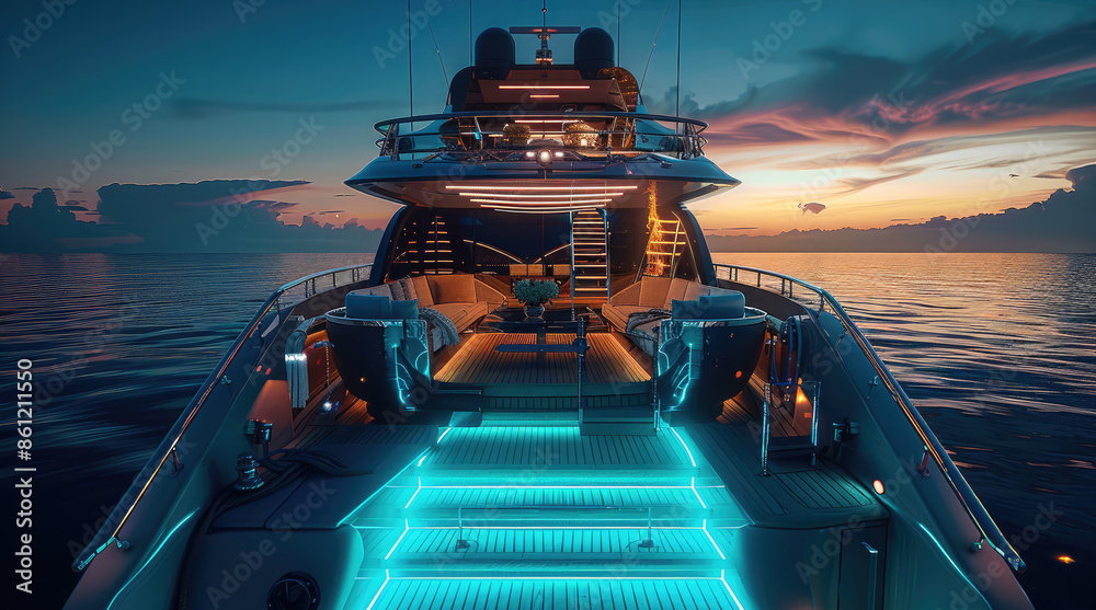 Sticker a party in a luxurious yacht at night with a concert on the boat, there is some visual effects blue 