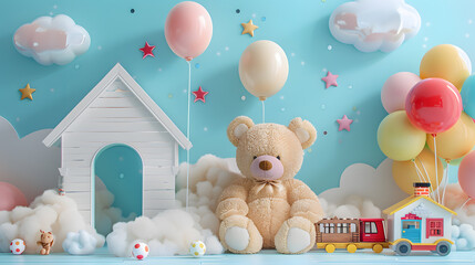 Arch takes center stage, adorned with pastel balloons drifting amidst fluffy clouds and twinkling stars. Scatter big kids toys and decorative clouds on the floor, and place a cheerful teddy bear	
