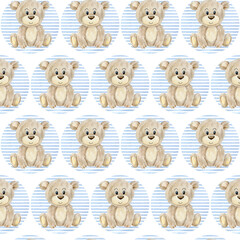 Watercolor seamless pattern with teddy bear for boy.