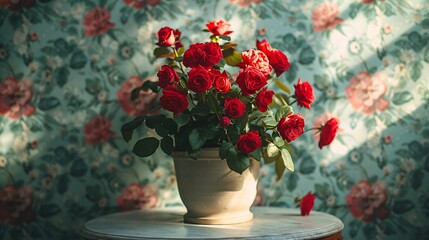 Naklejka premium Red roses in a beige pot on a table with floral wallpaper background.