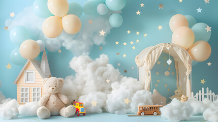Arch takes center stage, adorned with pastel balloons drifting amidst fluffy clouds and twinkling stars. Scatter big kids toys and decorative clouds on the floor, and place a cheerful teddy bear	
