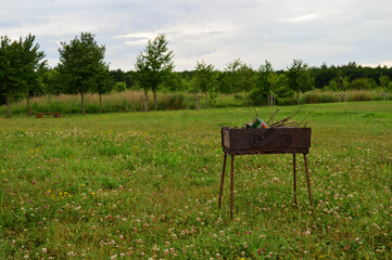 Serene barbecue grill in park minimalist landscape photos.
