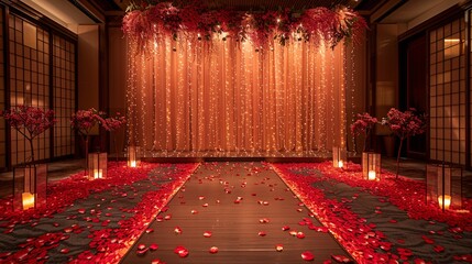 Luxurious interior with red rose petals on the floor, archway decorated with red roses, and candle lanterns.