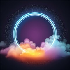 Obraz premium lingkaran neon abstrak pada latar belakang gelap dengan asap dan awan rendering 3d