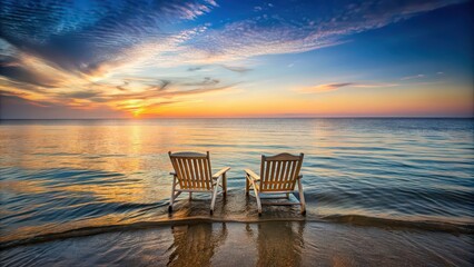 Tranquil scene of ocean at dusk with two empty chairs facing the water, contemplative, silence, peaceful, introspective, sunset, horizon, ocean, dusk, tranquil, serene, relaxation