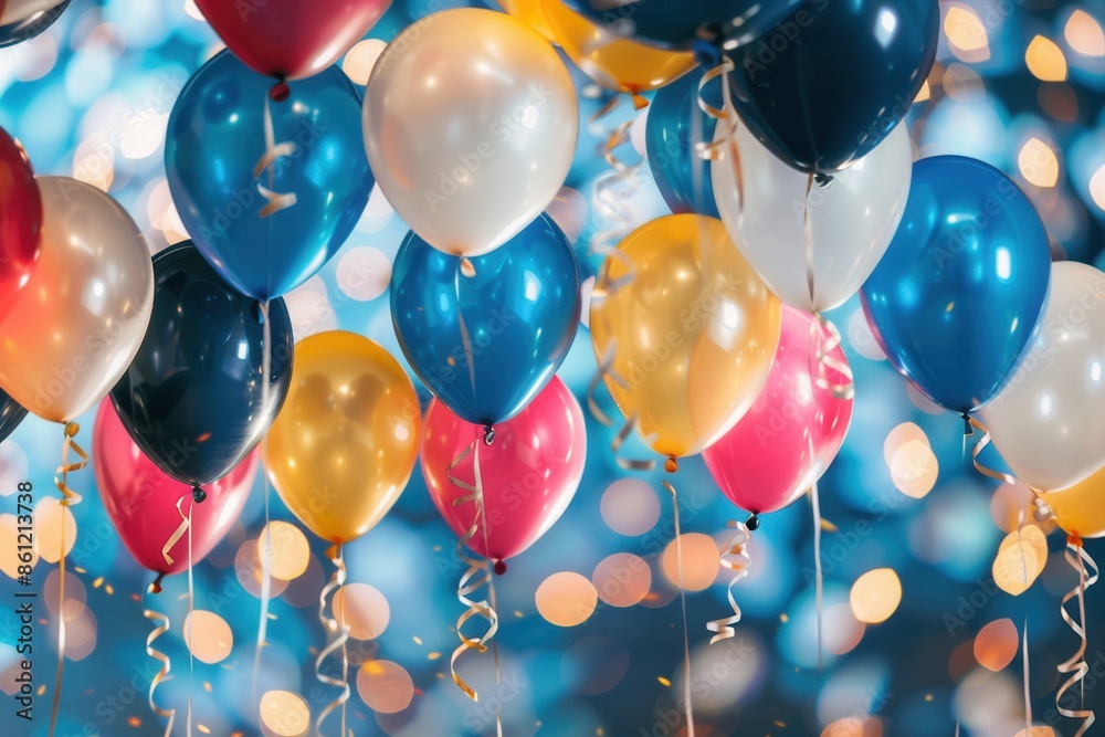 Poster a close-up shot of colorful balloons with congratulatory messages and school symbols, floating in th