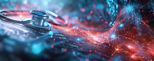 Stethoscope and digital health data fusion, blending traditional healthcare with AI innovation.