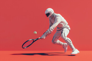 Fototapeta premium A futuristic tennis player in a white suit hits a ball against a vibrant red background creating a modern and dynamic sports scene