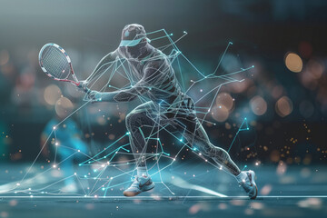 A digital tennis player with a wireframe body swings a racket in a high-tech virtual environment creating a futuristic and dynamic sports scene