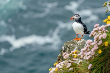 Atlantic puffin (Fratercula arctica) at clifftop edge, Hermaness National Nature Reserve, Unst, Shetland Islands, Scotland.