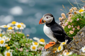 Naklejka premium Atlantic puffin (Fratercula arctica) at clifftop edge, Hermaness National Nature Reserve, Unst, Shetland Islands, Scotland.
