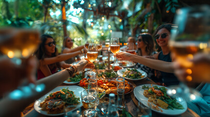 people cheerfully celebrate outdoors with glasses of white wine, proclaim toast People having dinner in a home garden in summer sunlight
