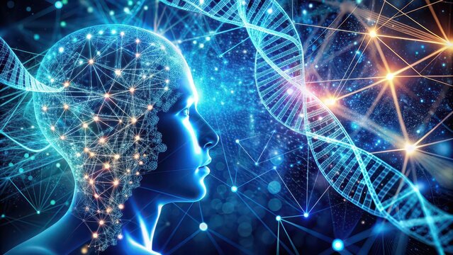 Abstract image of algorithms as digital neurons intertwined with human DNA strands, symbolizing the fusion of technology and biology in understanding complex diseases , AI, algorithms