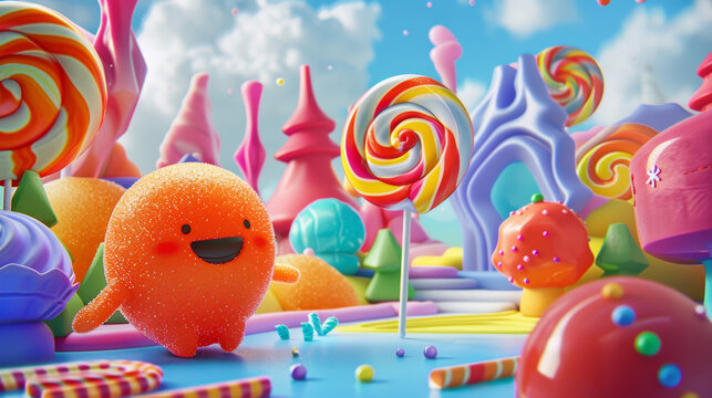 Cheerful animated candy character in a colorful fantasy candy land.