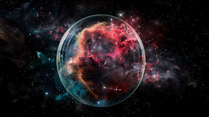 3D Spectacular cosmic cloud explosion within transparent sphere with red background. Nebula and stars in space concept with purple neon. Abstract wallpaper and creative design, AI Generative.