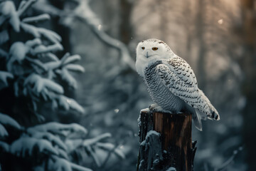 Fototapeta premium Snowy owl perched on a stump in winter forest