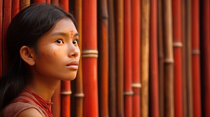 Obraz premium Young woman with facial markings in front of red bamboo poles. Indigenous Peoples Day