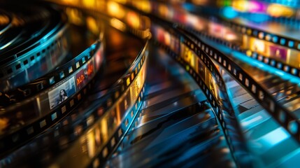 a digital film reel where each frame represents a movie with its size and color based on its average rating