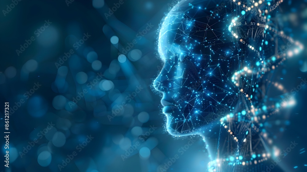 Poster conceptual image of evolution represented by digital dna strand with binary code and neural networks
