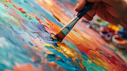 Fototapeta premium Vibrant Surreal Landscape: Close-up of Artist's Psychedelic Watercolor Painting in Progress