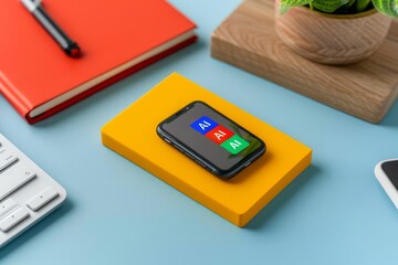 AI powered smart device on a yellow notebook, surrounded by office supplies, symbolizing artificial intelligence in technology, education, and productivity